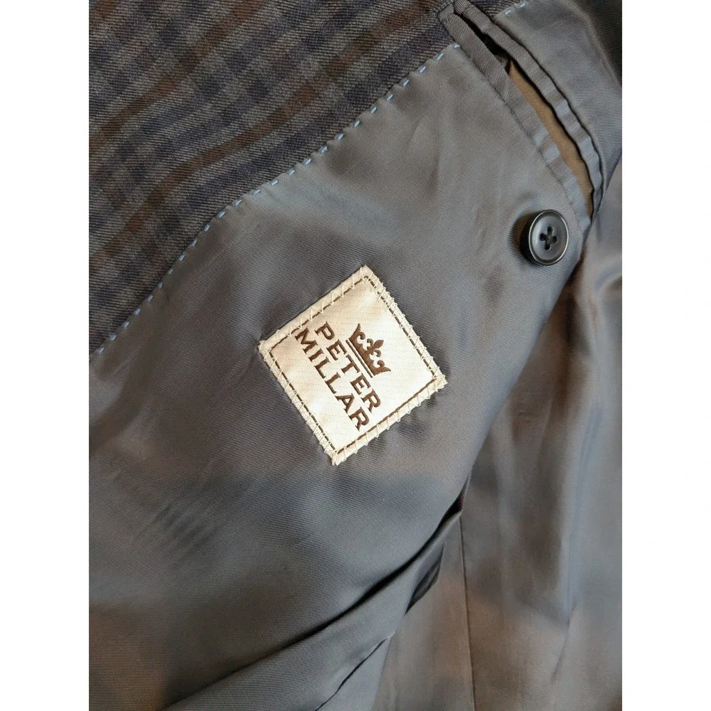 Peter Millar Mens Plaid Blazer Sport Coat Jacket 44T Navy Brown‎ Wool